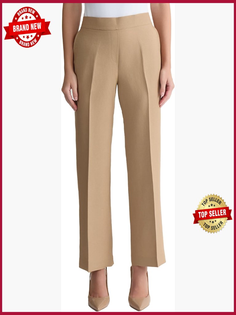 Wide Leg Pull On Dress Pants Linen Blend Mid Rise Slacks